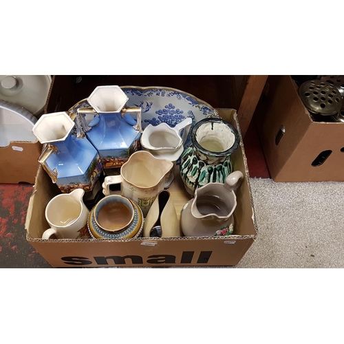 86 - Box of Jugs, Vases & Sandwich Tray Including Copeland, Studio Pottery, Glyn Coch etc.