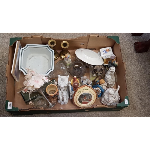 90 - Box to Include Cat & Snail Ornaments, Pair of Brass Candlesticks, Mother Plate etc.