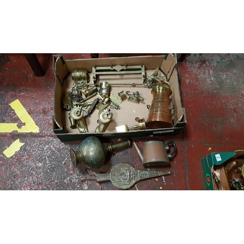 1 - Box of Brassware Including Bellows, Candleholders, Copper & Brass Tea Caddy.