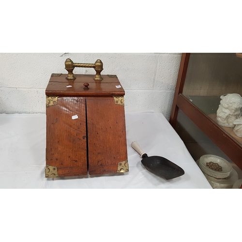 120 - Oak Coal Box with Brass Handle & Shovel.