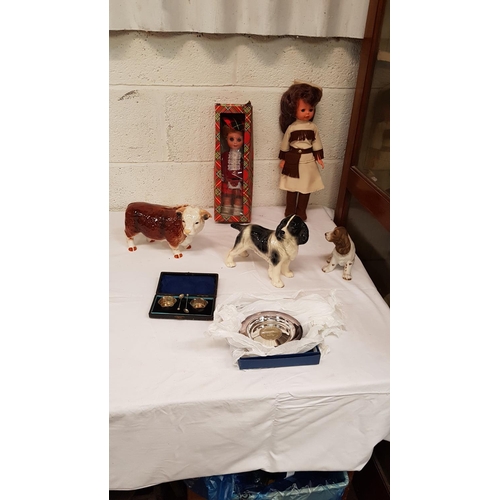 14 - Box to Include Ceramic Bull & Dog Figures, Dolls, Boxed Canbera Plate & Boxed Cruet Set.