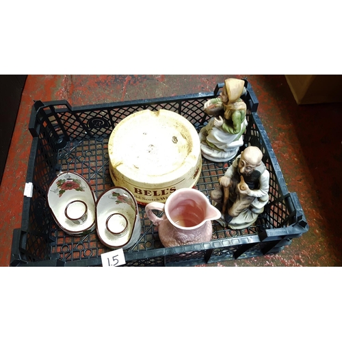 15 - Tray to Include Bells Whiskey Ashtray, Wade Jug, Continental Figures & Candle Holders.