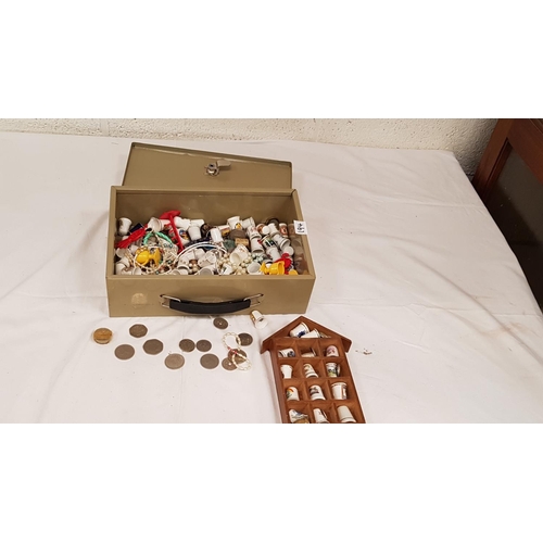 194 - Metal Box & Quantity of Coins, Thimbles & Costume Jewellery.