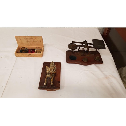 198 - Two Sets of Scales with Associated Weights & a Brass Fox Door Knocker.