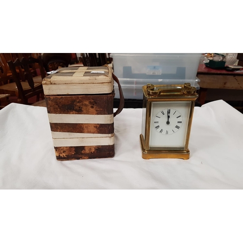 252 - Vintage Heavy Brass & Glass Mantle Clock in Original Travel Case.