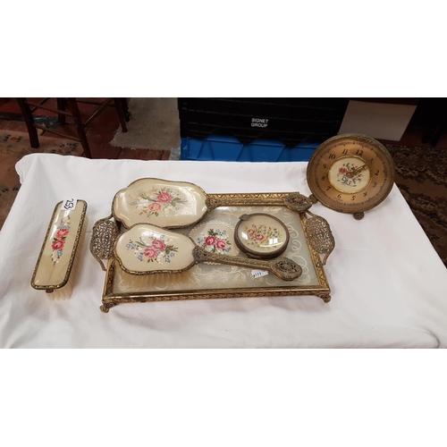 253 - Vintage Dressing Table Tray & Brush Set Including Clock.