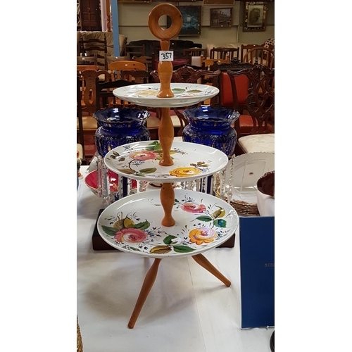 357 - Pine & Ceramic Three Tier Cake Stand - approx 26