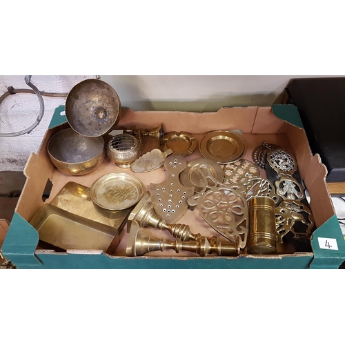 4 - Box of Brassware Including Horse Brasses, Trivet Stand etc.