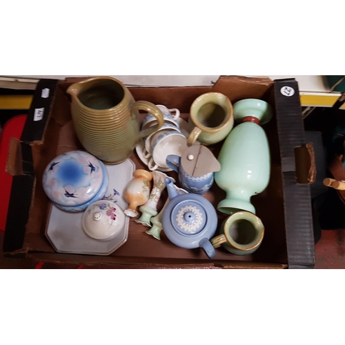 47 - Box to Include Stoneware Jugs, Palissy Lidded Pot, Teapot etc.