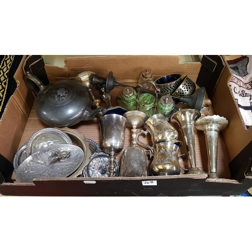 48 - Box of Plated & Pewter Ware Including Goblets, Teapot, Vases etc.