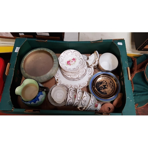 50 - Box of China Including Dresden Part Tea Set, Ivory Ware Drip Glaze Jug, Coalport etc.