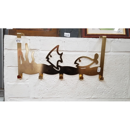 511 - Brass Fish Scene Over Door Coat Book Rack.