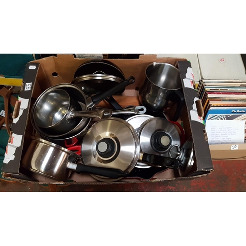 55 - Box of Kitchen Accessories Including Le Cruete Pan, Frying Pans, Saucepans etc.