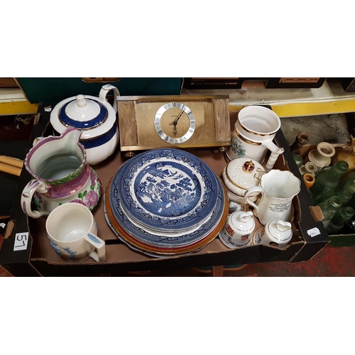 57 - Box to Include Commemorative Ware, Retro Mantel Clock, Blue & White Plates, Wedgwood Teapot etc.