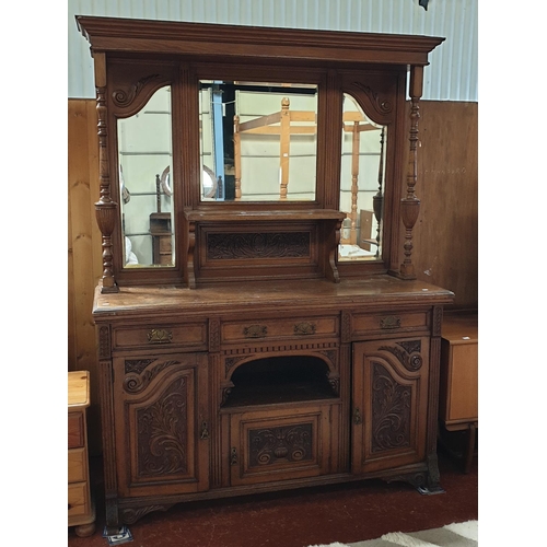 684 - Vintage Oak Mirror Backed Sideboard with Three Carved Door Cupboards, Three Drawers & Shelf - 6ft 8