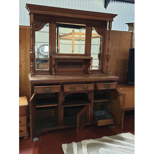 684 - Vintage Oak Mirror Backed Sideboard with Three Carved Door Cupboards, Three Drawers & Shelf - 6ft 8