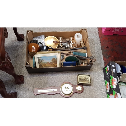 94 - Box to Include Brass Items, Plated Candelabra, Plated Cutlery & Two Silver Hallmarked Forks, Placema... 