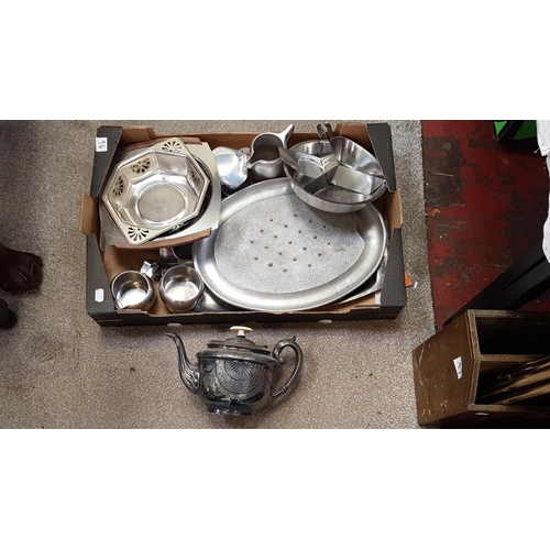 96 - Box of Stainless Tableware Including Trays, Jugs etc.