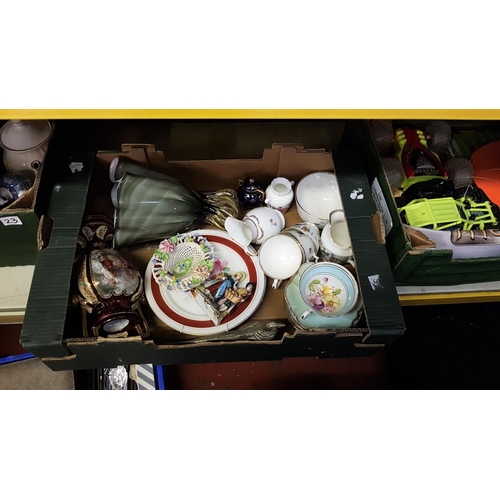 125 - Box to Include Staffordshire Part Tea Set, Spode Jug, Glass Vase, Plated Pheasant etc.