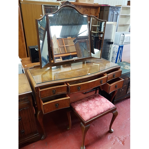 598 - Burr Walnut Finished 5 Drawer Serpentine Front Dressing Table with Triple Mirror Back & Glass Overla... 