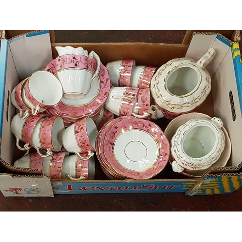 105 - 43 Piece Vintage, Pink White & Gilt Tea Set - teapot & sugar bowl have no lids.