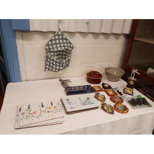 110 - Box to Include Framed Pictures, Casserole Pot, Large Bowl, Placemats, Glasses Set etc.