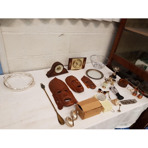 113 - Box to Include Mantel Clocks, Carved Masks, Plated Ware etc.