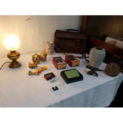 47 - Box to Include Leather Satchel, Converted Brass Oil Lamp with Glass Shade , Jug, Butter Press etc.