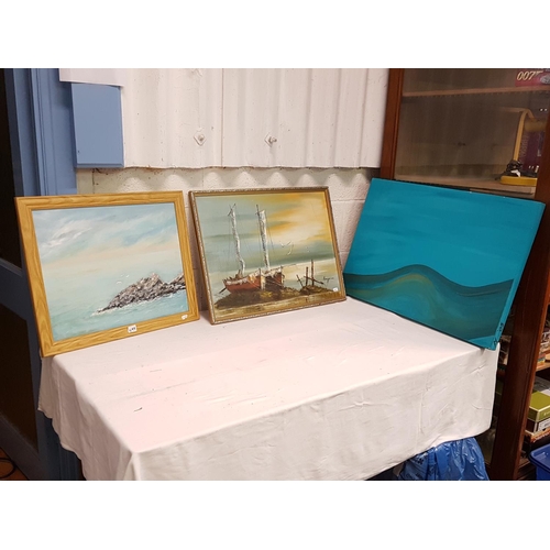 62A - Three Various Pictures Including Framed Oil on Canvas of Moored Boats Signed Longanesi.