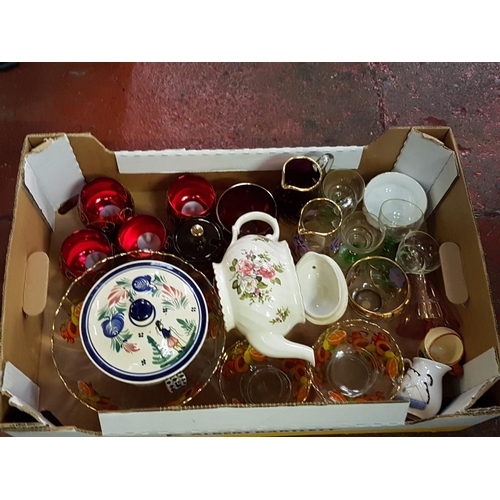 63 - Box of Assorted Glassware & China Including Glass Bowl Set, Glass Vase, Royal Albert etc.