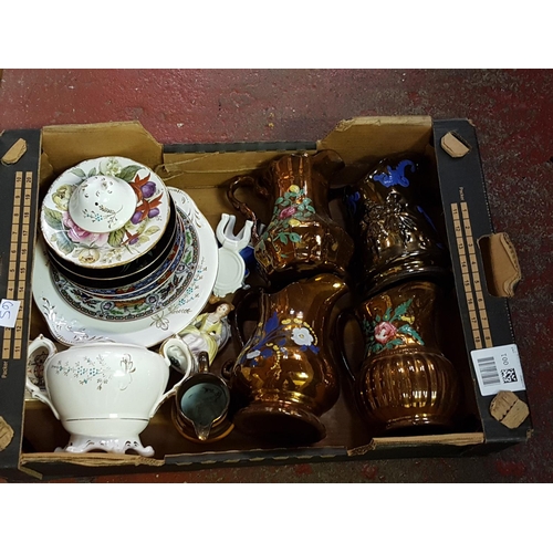 65 - Box of Lustre Jugs & Assorted China Including Blackmist, Oriental, Figures etc.