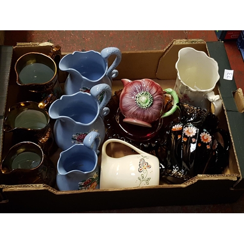 73 - Box of Jugs & Glass Bowls Including Snake Handled, Lustre, Staffordshire etc.