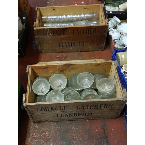 80 - Two Wooden Metal Hinged 'Coracle Caterers Llandeilo' Crates With Contents Including  Glass Bowls, Pi... 