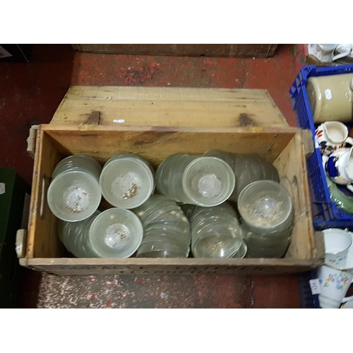 80 - Two Wooden Metal Hinged 'Coracle Caterers Llandeilo' Crates With Contents Including  Glass Bowls, Pi... 