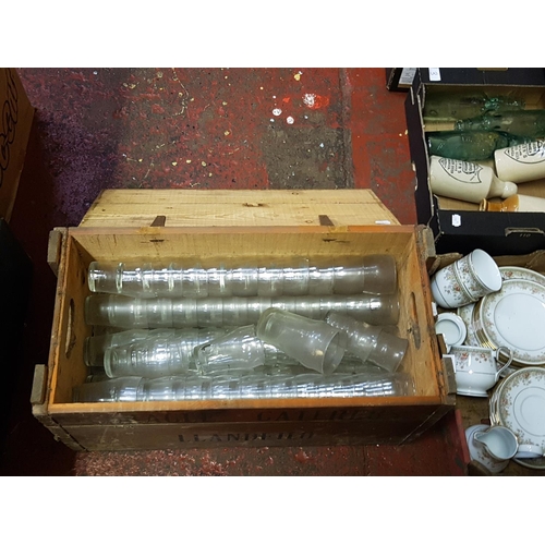 80 - Two Wooden Metal Hinged 'Coracle Caterers Llandeilo' Crates With Contents Including  Glass Bowls, Pi... 