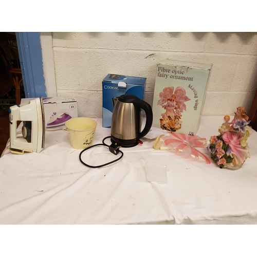 83 - Box to Include Steam Iron, Kettle, Fibre Optic Fairy Ornament, Pot etc.