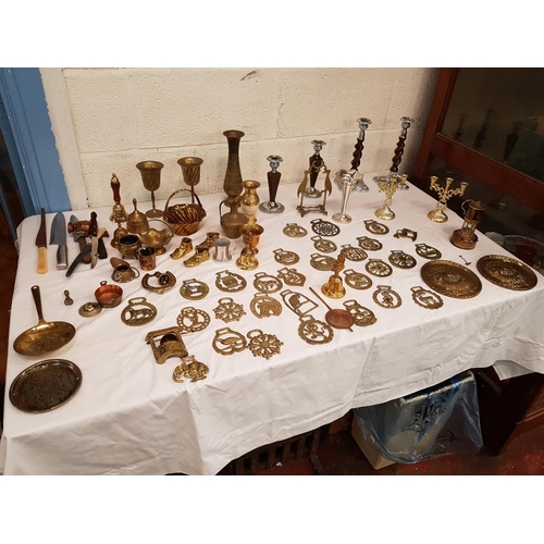 1 - Box of Brass & Plated Ware Including Small Miners Lamp, Candlesticks, Horse Brasses, Candelabra, Bel... 