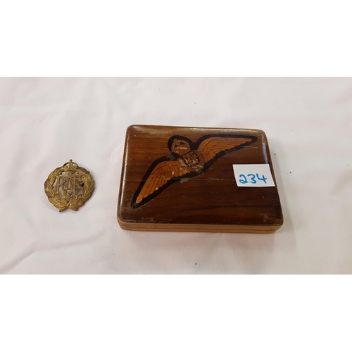 234 - Inlaid Wooden RAF Cigarette Box & Badge.