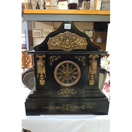 349 - Large Heavy Slate Gilded Mantel Clock with Key - working.