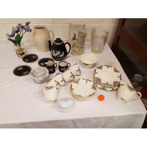 42 - Box to Include Grindley Blue & Gold Part Tea Set, Large Vase, Jugs etc.