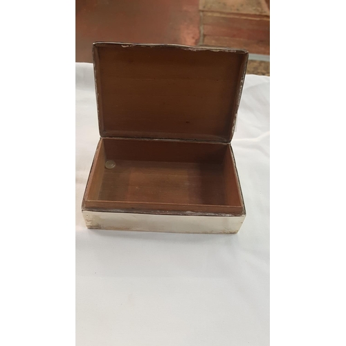 421 - Silver Hallmarked Clad Teak Cigarette Box with Monogram.