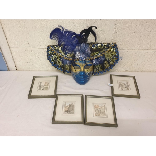 457 - Four Small Framed & Glazed Venetian Scene Sketch Prints & Venetian Wall Mask.