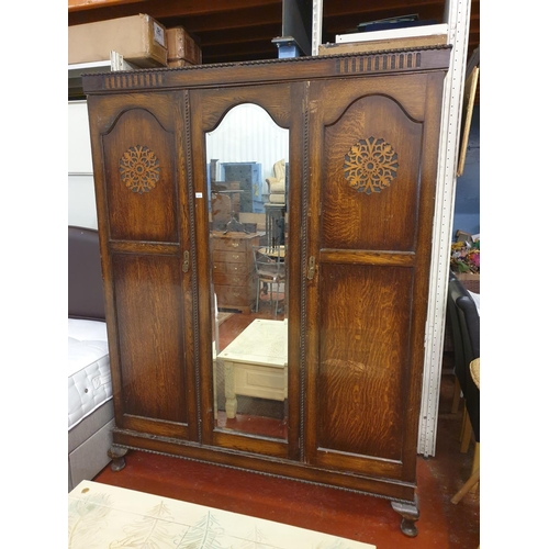 500 - Vintage Inlaid Triple Wardrobe with Single Mirrored Centre Door - 79