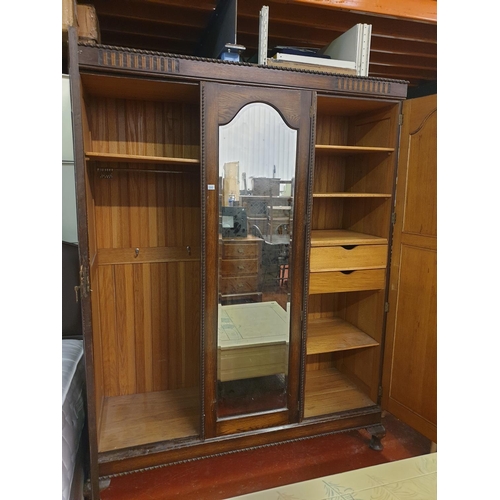 500 - Vintage Inlaid Triple Wardrobe with Single Mirrored Centre Door - 79