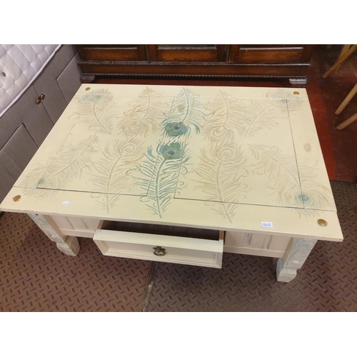 502 - Upcycled Single Side Drawer Coffee Table with Peacock Feather Design - 46cm tall x 107cm wide x 77cm... 