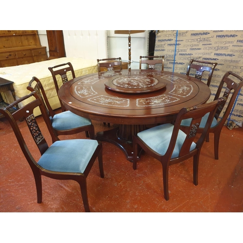 506 - Stunning Circular Orientlal Rosewood Dining Table with Mother of Pearl Inlaid Detail, Lazy Susan Top... 