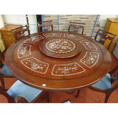 506 - Stunning Circular Orientlal Rosewood Dining Table with Mother of Pearl Inlaid Detail, Lazy Susan Top... 