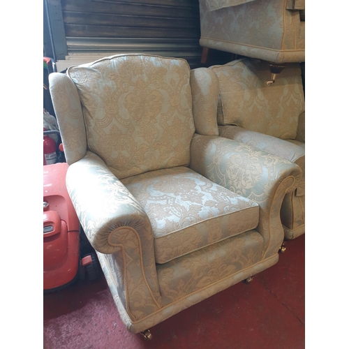 520 - Upholstered Light Blue & Gold Two Seater Settee with Two Matching Arm Chairs & Matching Wing Back Ar... 