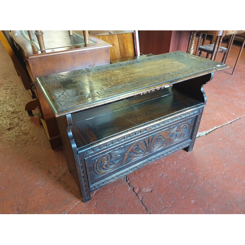 521 - Vintage Oak Carved Monks Bench with Underseat Storage.