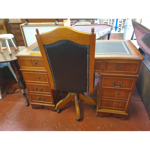 523 - Yew Effect Multi Drawer Pedestal Desk with Matching Chair & Leather Inlay - approx 78cm tall x 121cm... 